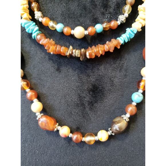 Women Multistrand Beaded Necklace Mixed Gemstones Turquoise Amber Look - Picture 3 of 5